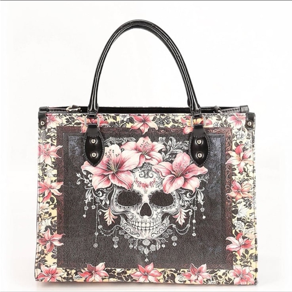 Floral Skull Design Tote Bag - Black and Pink